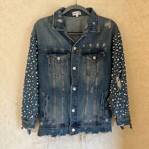 Sunset + Spring Blue with Pearl Beaded Sleeve Denim Jacket Size S
